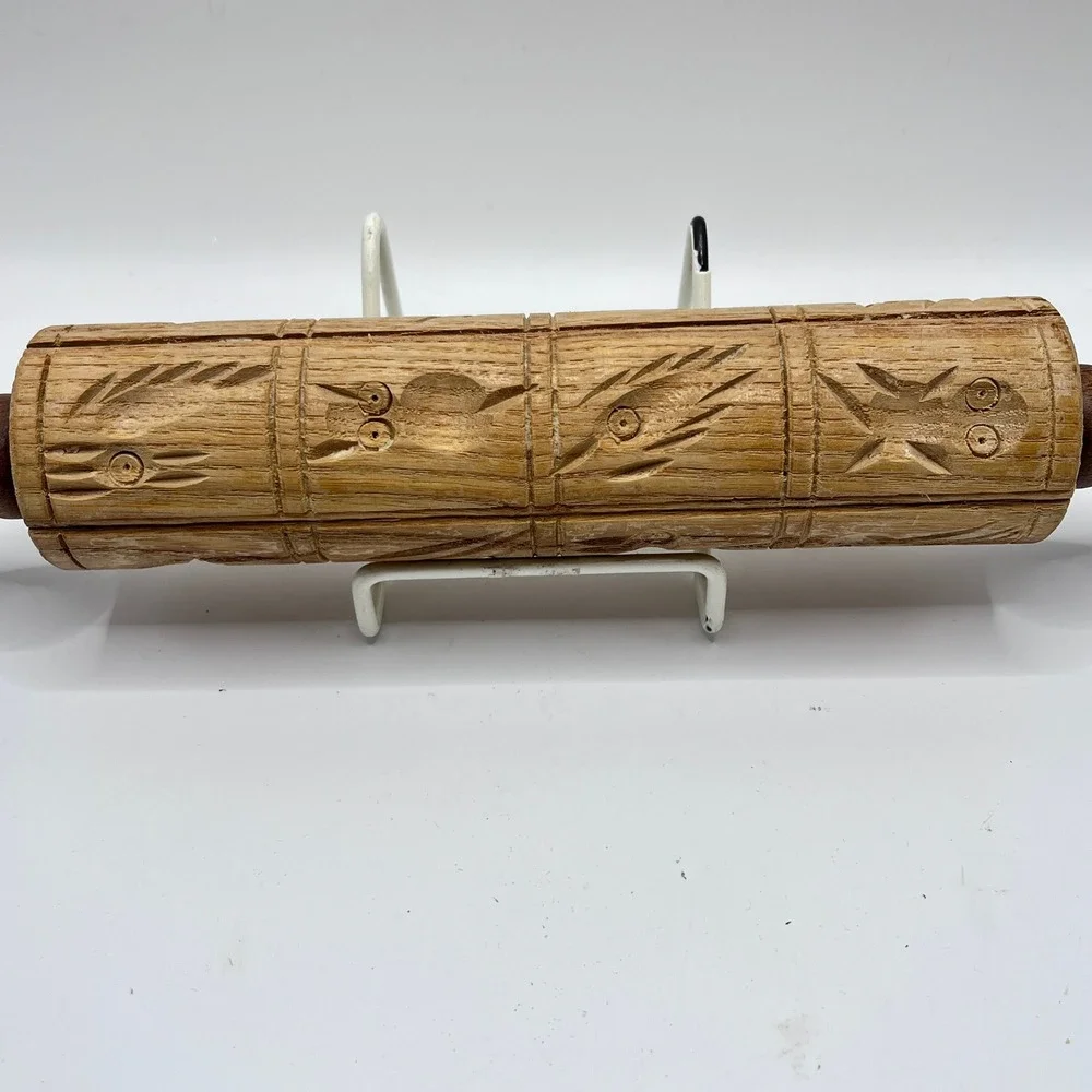 Vintage Hand Carved Wooden Springerle Rolling Pin Folk Art Cookie Mold Press